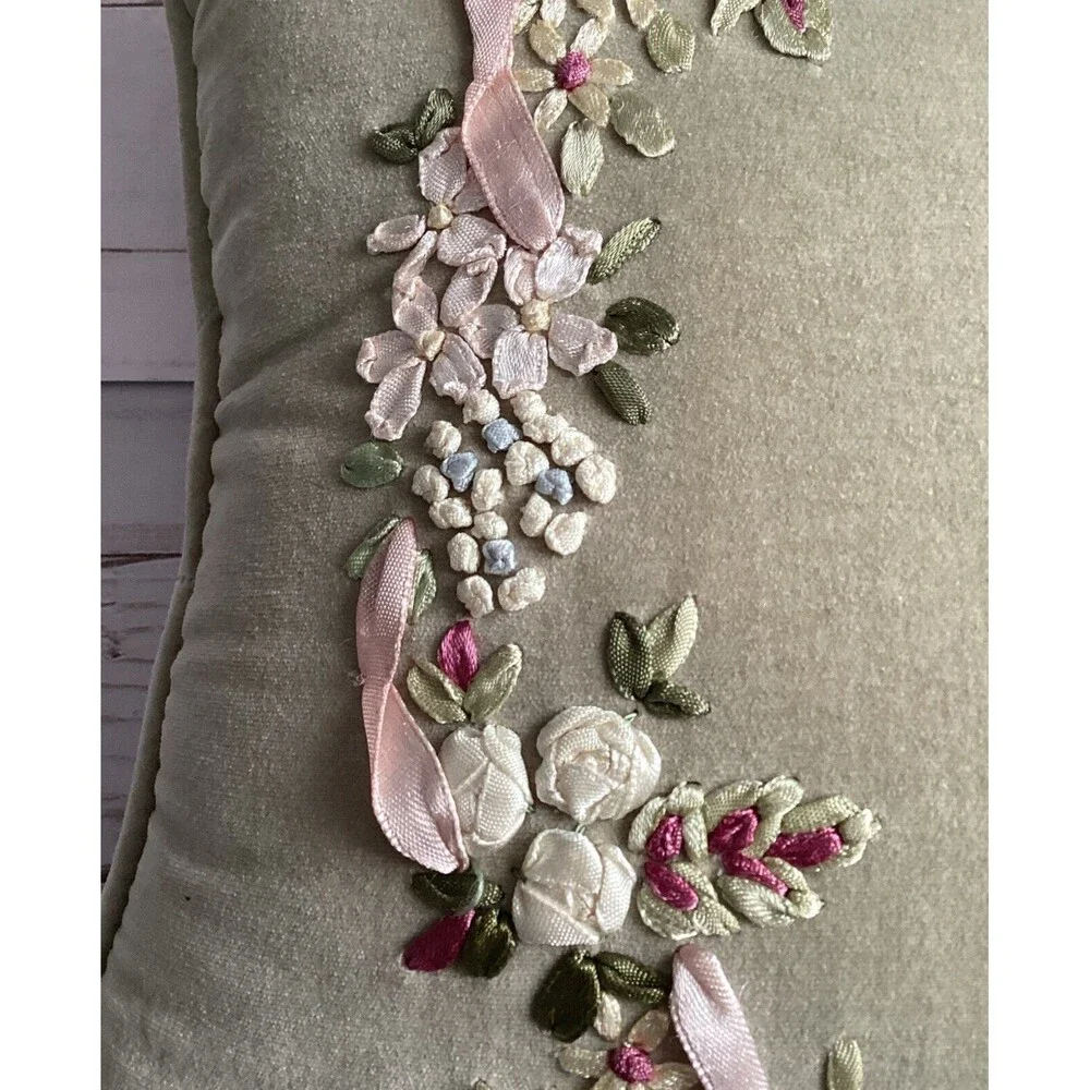 Vintage Velvet Olive Green Ribbon Embroidered Floral Decorative Pillow 12x12